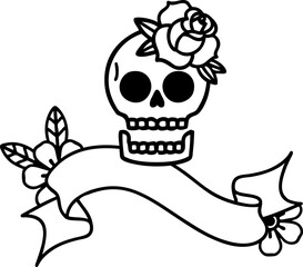 black linework tattoo with banner of a skull and rose