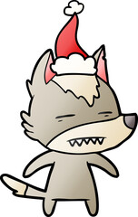 gradient cartoon of a wolf showing teeth wearing santa hat