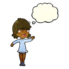 cartoon woman waving with thought bubble