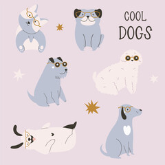 Set of funny superstar dogs in glasses. Vector illustration of adorable animal