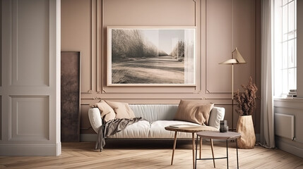 Bohemian Interior Design Style living room in pastel colors mock-up with frame for picture generative ai