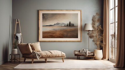 Bohemian Interior Design Style living room in pastel colors mock-up with frame for picture generative ai