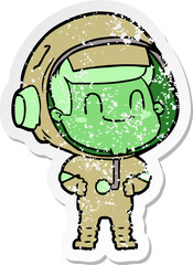 distressed sticker of a happy cartoon astronaut man