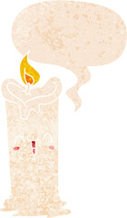 cartoon happy candle and speech bubble in retro textured style