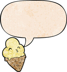 cartoon ice cream and speech bubble in retro texture style