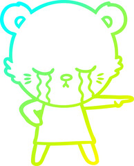 cold gradient line drawing crying cartoon bear in dress pointing