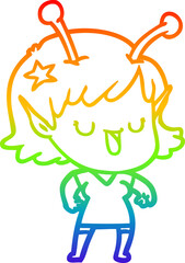rainbow gradient line drawing happy alien girl cartoon laughing