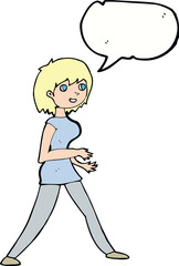 cartoon woman walking with speech bubble