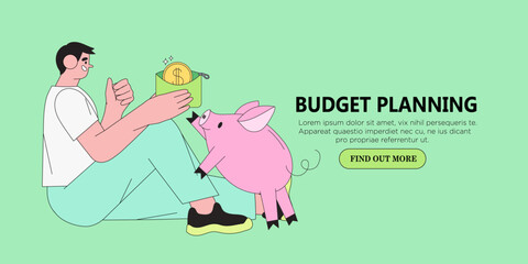 Man with piggybank analyze personal or family budget concept for banner, advertisment for web page or site. Finance accounting and calculation of financial income and expenses vector illustration.