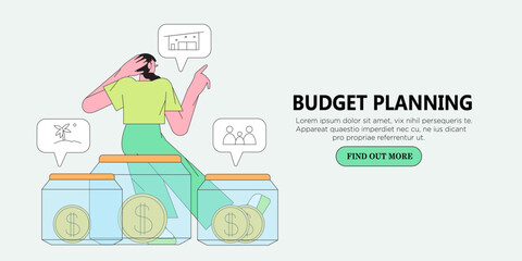 Woman have problem with budget planning, money managment and savings. Character collect and putt coin in saving jar. Concept of finance accounting and calculation of financial income and expenses.