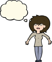 cartoon woman shrugging shoulders with thought bubble