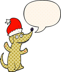 cute christmas cartoon dog and speech bubble in comic book style