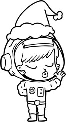 line drawing of a pretty astronaut girl wearing santa hat