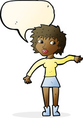 cartoon friendly woman waving with speech bubble