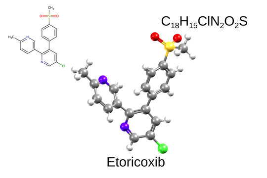 Chemical formula, structural formula and 3D ball-and-stick model of etoricoxib, a selective COX-2 inhibitor
