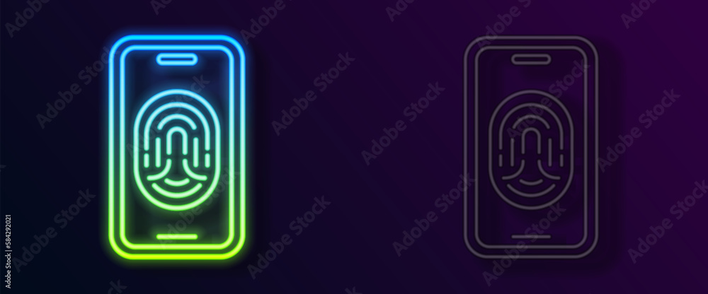 Poster glowing neon line smartphone with fingerprint scanner icon isolated on black background. concept of 
