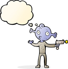 cartoon alien with ray gun with thought bubble