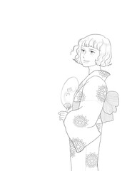 Woman in yukata with a paper fan 