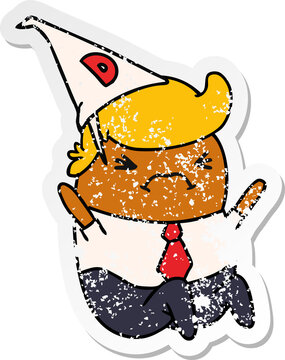 distressed sticker cartoon kawaii man in dunce hat