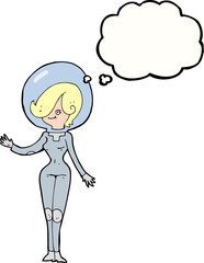 cartoon space woman with thought bubble