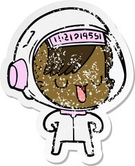 distressed sticker of a cartoon astronaut woman