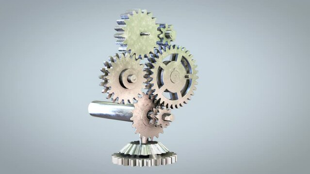 3d gears rotating, industrial revolution concept, loop
