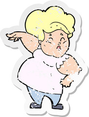 retro distressed sticker of a cartoon happy overweight lady