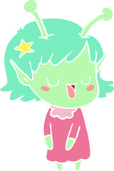 happy alien girl flat color style cartoon