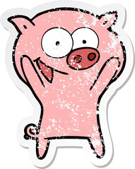 distressed sticker of a happy pig cartoon