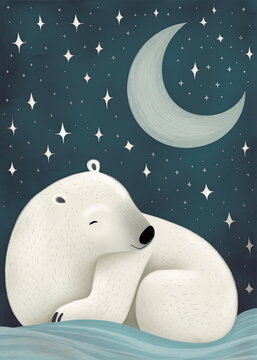 Cute Ice Bear sleeping under the Moon and Stars. Childrens & Nursery style Illustration created using generative AI tools.