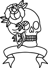 black linework tattoo with banner of a skull and rose