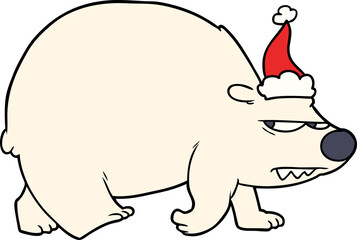 line drawing of a angry polar bear wearing santa hat