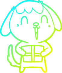 cold gradient line drawing cute cartoon dog with christmas present