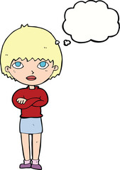 cartoon woman with crossed arms with thought bubble