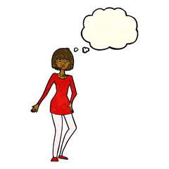 cartoon woman in dress with thought bubble