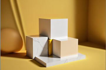 3d podium minimal scene with geometrical product, scene to show cosmetic products, yellow background sunlight shadows, generative ai.