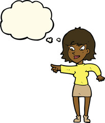 cartoon woman pointing with thought bubble