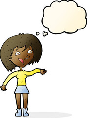 cartoon waving woman with thought bubble