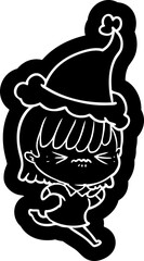 annoyed cartoon icon of a girl wearing santa hat