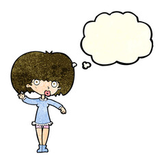 cartoon waving girl with thought bubble