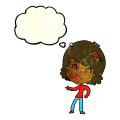 cartoon happy woman pointing with thought bubble
