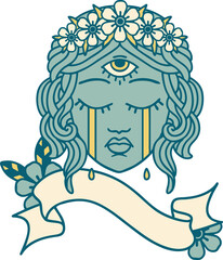 tattoo with banner of female face with third eye crying