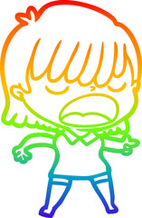 rainbow gradient line drawing cartoon woman talking loudly