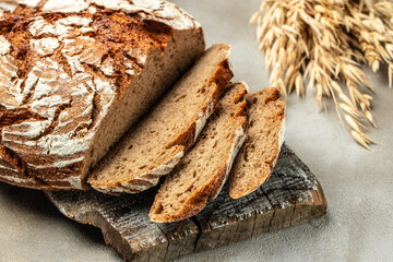Rye Bread slices with crumbs, Healthy food concept. place for text, top view
