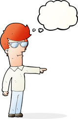cartoon man in glasses pointing with thought bubble