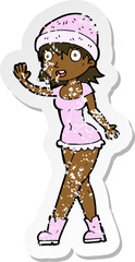 retro distressed sticker of a cartoon pretty girl in hat waving