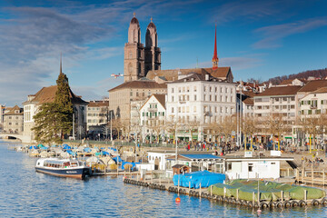 Altstadt von Zürich und Zürcher See, Schweiz - obrazy, fototapety, plakaty