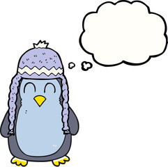 thought bubble cartoon penguin wearing hat