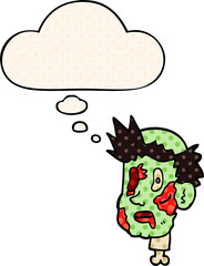 cartoon zombie head and thought bubble in comic book style