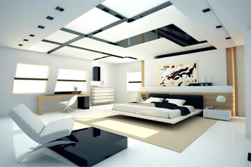 Modern interior bedroom minimal style white wall with sofa and white chairб Window on ceiling 3d rendering, generative ai.
